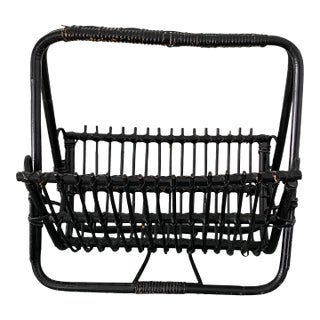 Bamboo & Rattan Black Magazine Rack, 1960s For Sale