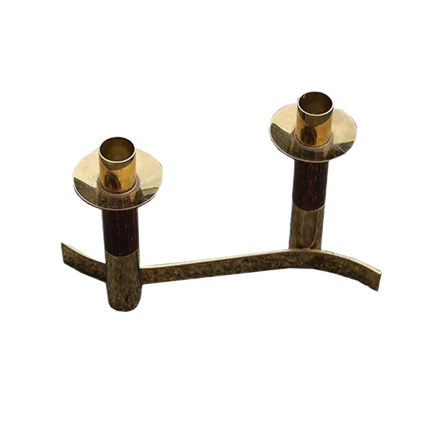 Italian Brass Rosewood Candleholder, 1950s For Sale