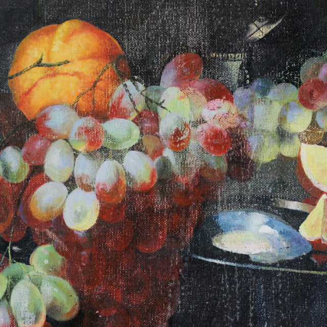 Vintage Dark Still Life Oil Painting of Grapes, Orange, and Shells For Sale - Image 9 of 12