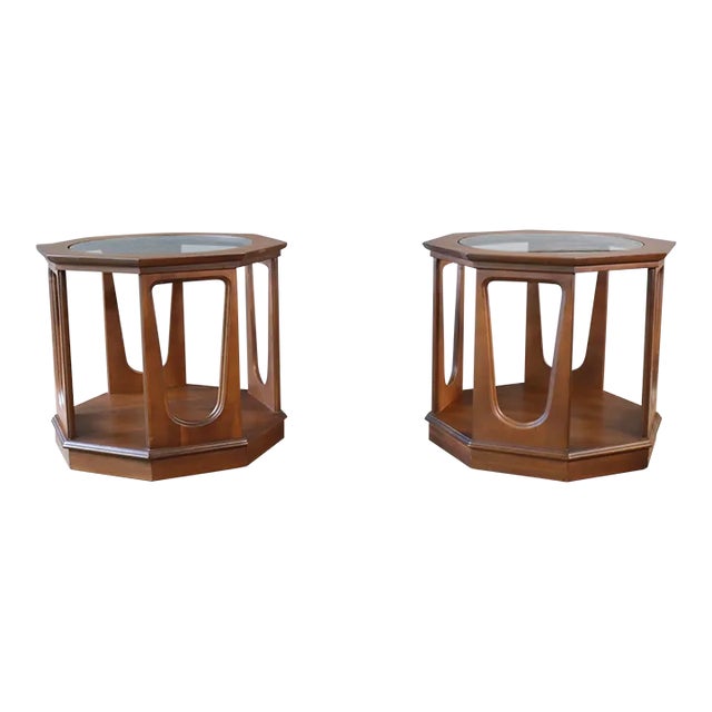 Vintage Mid Century Pair of Octagon Side Table by Bassett Broyhill Brasilia Style 60's Retro Atomic Glass Top For Sale