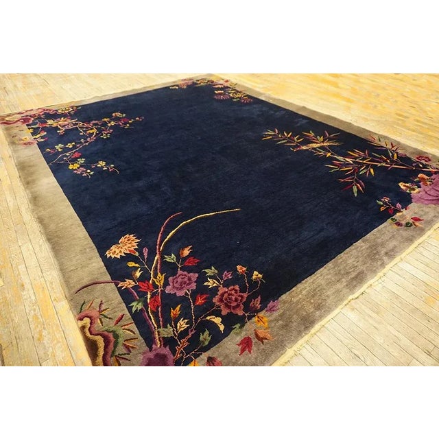 Art Deco 1920s Blue Navy Flowers Birds Antique Chinese Art Deco Carpet 9' X 11'10'' Knotted Wool Rug For Sale - Image 3 of 14