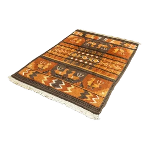Mid Century Modern Aztec Style Vintage Brown and Orange Area Rug Fiber Carpet
