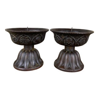 Pair of Bronze Lotus Candlesticks – 3.1" Eight Treasures Altar Candle Holders For Sale