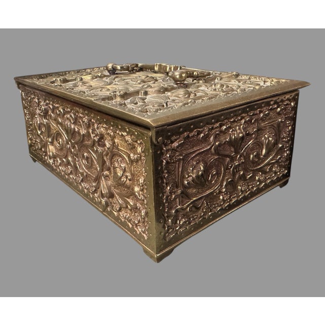 Art Nouveau Antique Victorian Art Nouveau German Embossed Gilt Metal Humidor Box Chest For Sale - Image 3 of 8