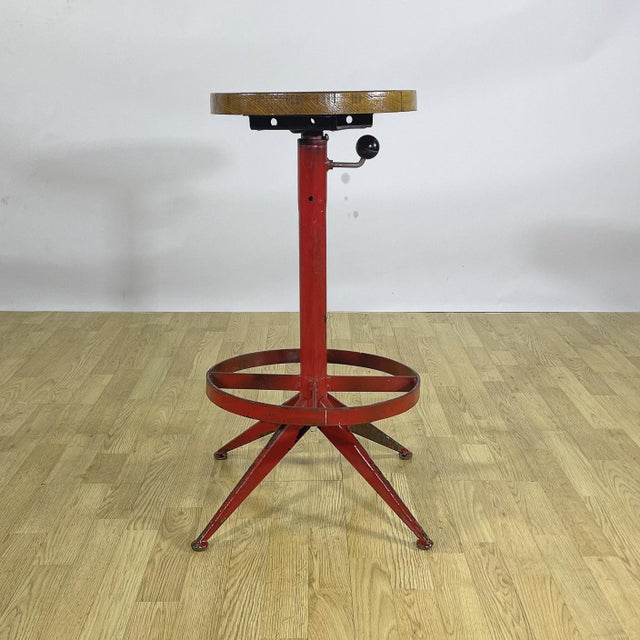 Industrial Swivel Stool in Red Painted Metal and Wood Seat, 1950s For Sale - Image 9 of 9
