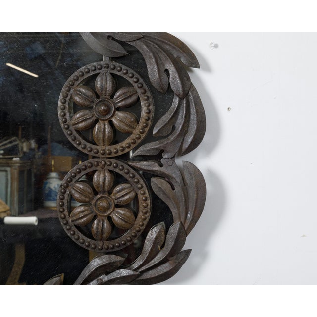 Spanish 19th Century Metal Wall Mirror with Rosettes, Foliage and Dark Patina For Sale - Image 10 of 12