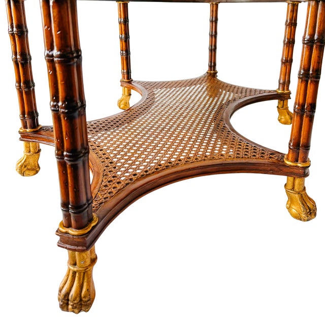 Vintage Large English Regency Style Faux-Bamboo Coffee Table With Caned Tier & Gilt Lion Paw Feet For Sale In San Diego - Image 6 of 13