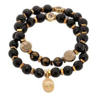 Onyx Stone Mantra Beaded Elephant Charm Bracelet Set For Sale