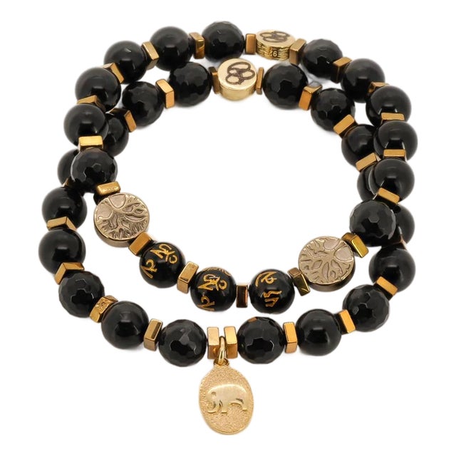 Onyx Stone Mantra Beaded Elephant Charm Bracelet Set For Sale