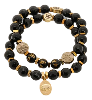 Onyx Stone Mantra Beaded Elephant Charm Bracelet Set