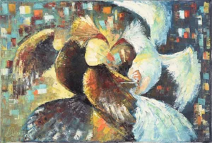 1970 Abstract Rooster Fight Oil Painting by JG Rivera