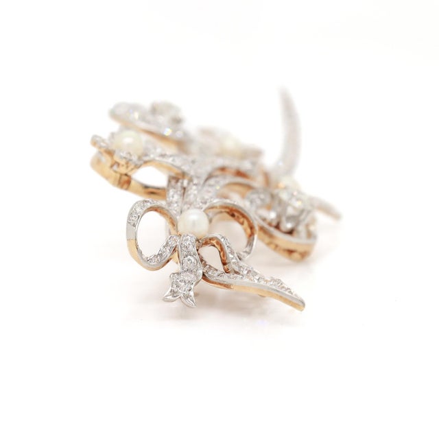 Mid-Century Modern 14k White & Yellow Gold, Diamond, & Pearl Floral Brooch For Sale - Image 11 of 12