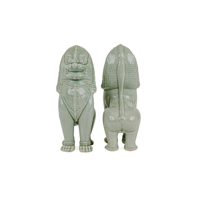 Vintage Thai Singha Lion Foo Dog Statues in Celadon For Sale - Image 4 of 12