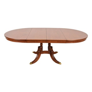 Baker Furniture Style Georgian English Yew Wood Pedestal Extension Dining Table, Newly Refinished For Sale