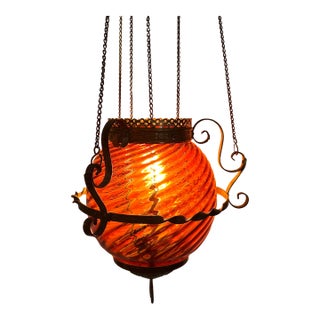 Antique Late 19th Victorian Ruby Swirl Pull-Down Oil Burning Lamp Converted to Electricity For Sale
