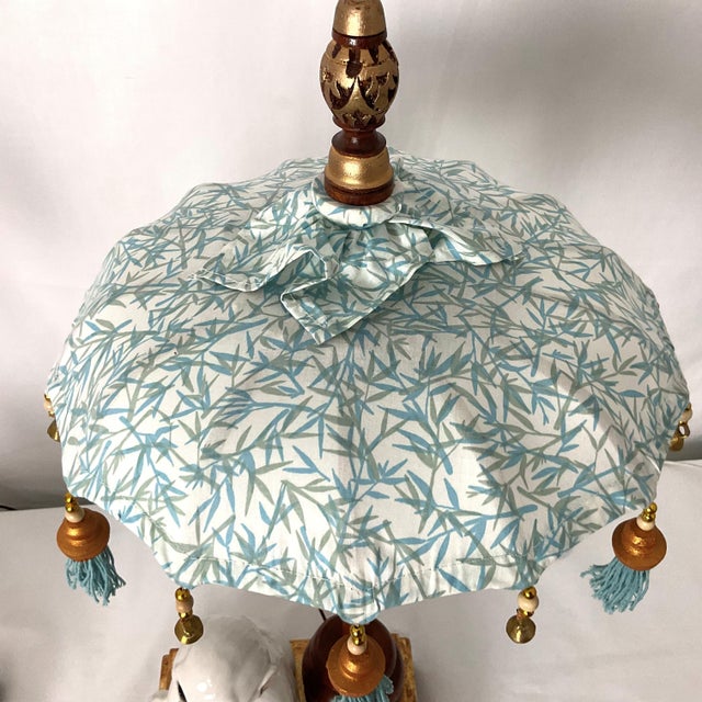 Italian Porcelain Monkey/Parisol Lamps With Gold Leaf Bases For Sale - Image 4 of 15