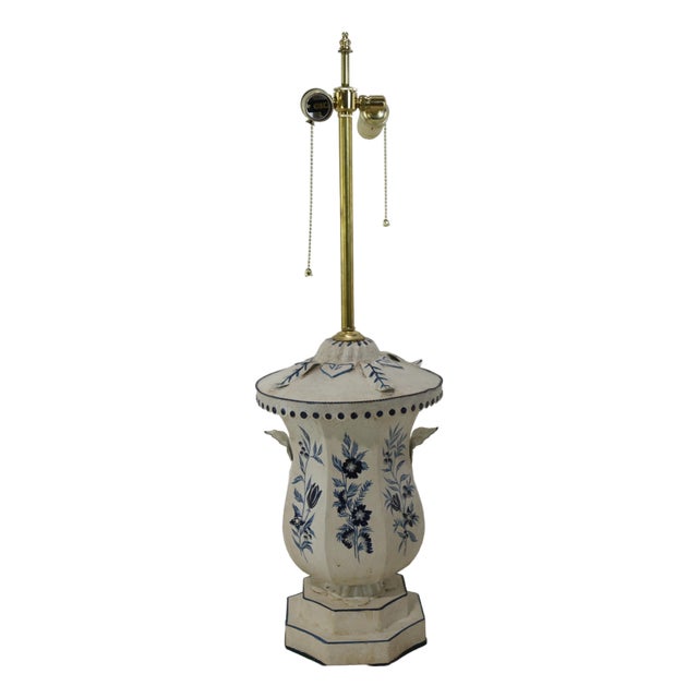 Vintage 1980s Hand-Painted Blue and White Toleware Table Lamps For Sale