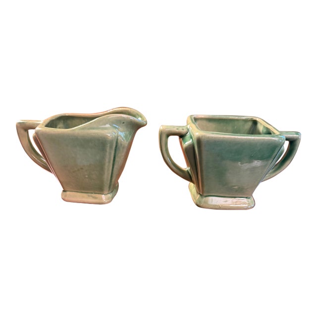 Anna Van Briggle Art Deco Pottery Green Glaze Creamer & Sugar ca.1955 For Sale