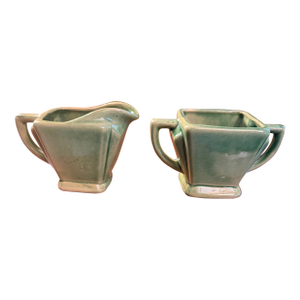 Anna Van Briggle Art Deco Pottery Green Glaze Creamer & Sugar ca.1955