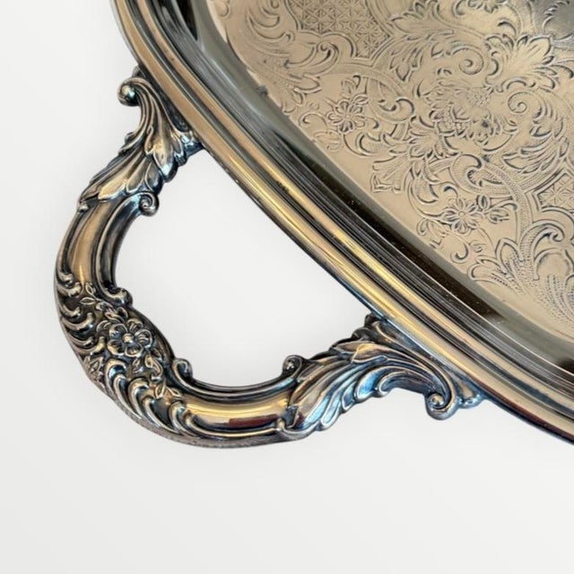 Metal Vintage Silver Plate Large Butler's Buffet Tray With Handles and Feet For Sale - Image 7 of 18