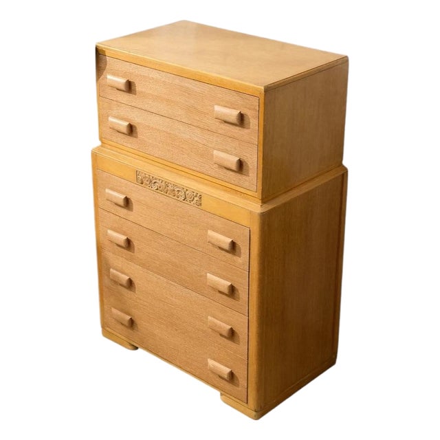 Early 20th Century Art Deco Blonde Wood Highboy Dresser With Carved Detail For Sale