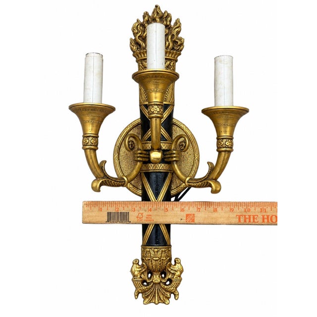 Late 19th Century Antique French Empire Brass Torch Design 3 Arm Wall Sconce For Sale - Image 5 of 6