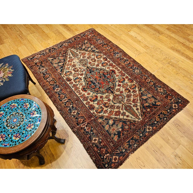 Antique Malayer Rug, Hand-Knotted Wool, Geometric Pattern, 4x6, Ivory & Navy For Sale - Image 10 of 18