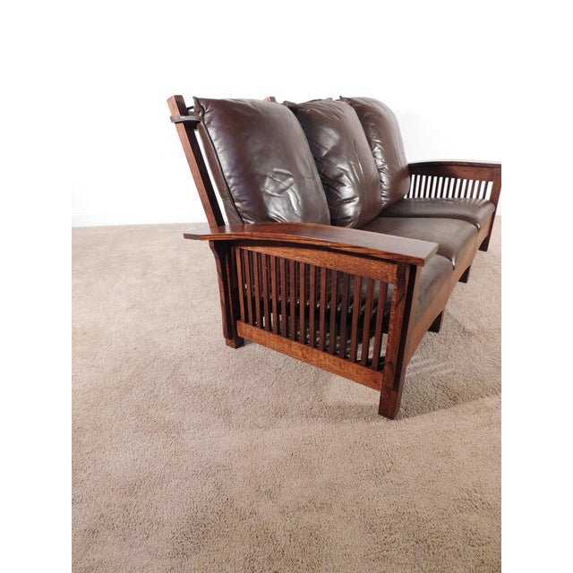 Brown Vintage Antique Style Mission Prairie Arts & Crafts Dark Oak Scallop Back Sofa For Sale - Image 8 of 16