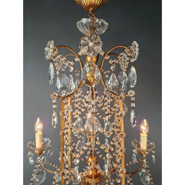 Gilded Iron and Crystal Chandelier Italian Louis XVI Style Antique Neoclassical For Sale - Image 10 of 14