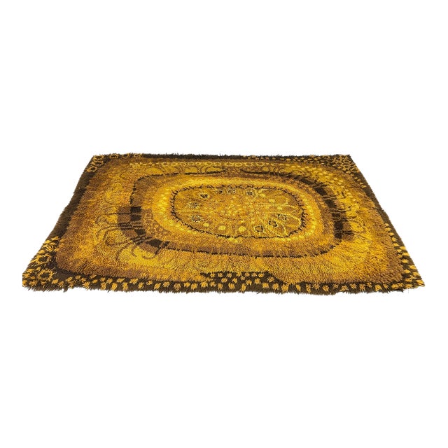 Vintage 1970’s Rya Rug – Mid Century Modern Mustard Yellow & Brown Shag Rug, C. 1970’s For Sale