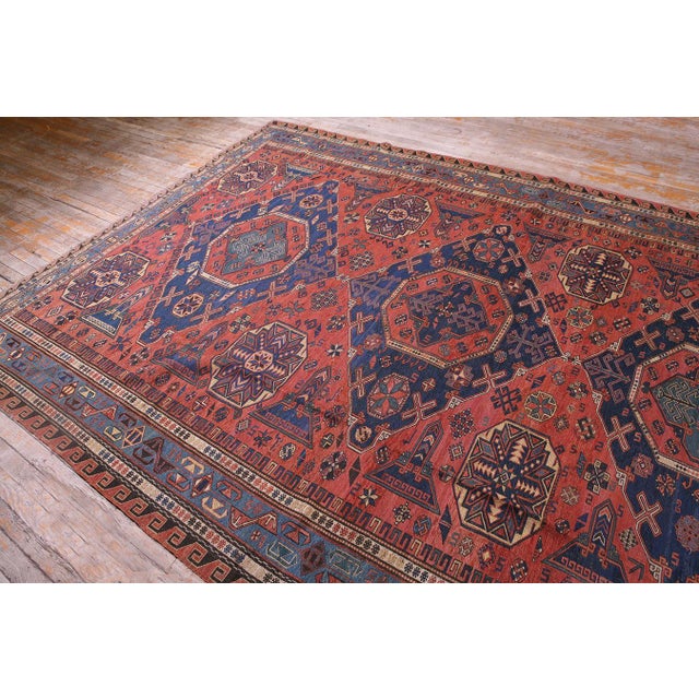 Tribal 1890s Red Blue Tribal Geometric Antique Caucasian Sumak Rug 7'6" X 10'6" Flatweave Wool Carpet For Sale - Image 3 of 7