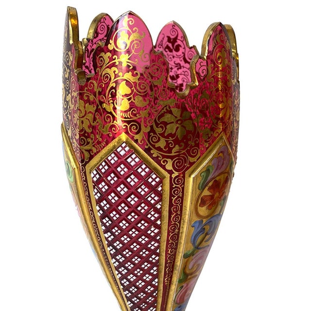 Glass Bohemian Glass Ruby Red Gilt Enamelled Overlay Tulip-Form Vase For Sale - Image 7 of 8