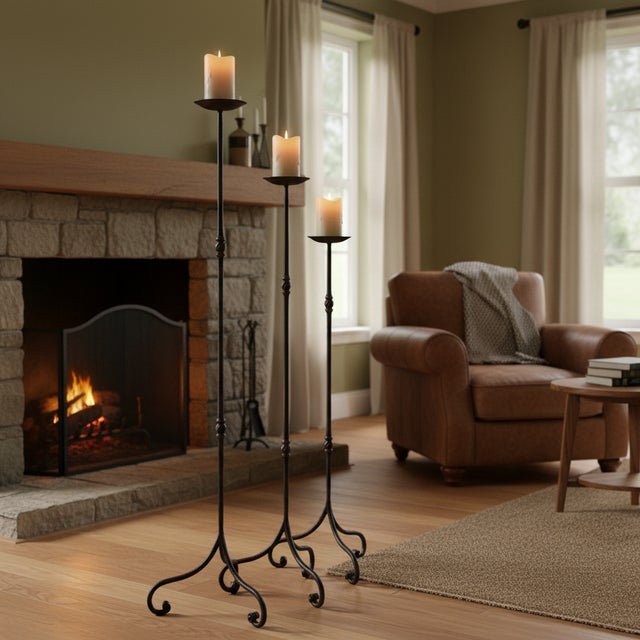 The French Scroll Trio: Slender Floor Candelabra Set ️ Add a touch of Parisian elegance to your home with this Hand-Forged...
