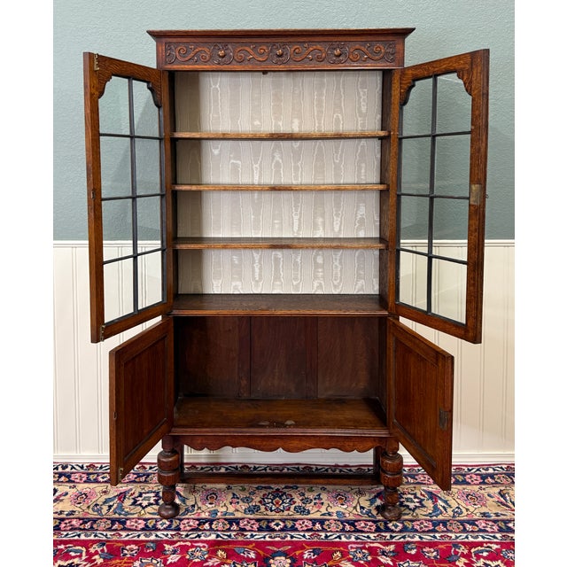 Antique English Bookcase Bookshelf Cabinet Double Door Wavy Glass Oak c.1930s For Sale - Image 15 of 17