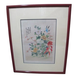 Chinese Colorful Flower Blossoms & Flying Blue Bird Framed Painting on Cloth For Sale
