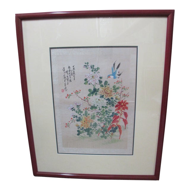 Chinese Colorful Flower Blossoms & Flying Blue Bird Framed Painting on Cloth For Sale