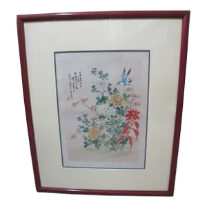 Chinese Colorful Flower Blossoms & Flying Blue Bird Framed Painting on Cloth