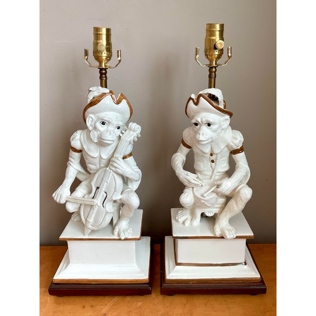 White Vintage Italian Glazed Ceramic Monkey Musician Lamps - A Pair For Sale - Image 8 of 12