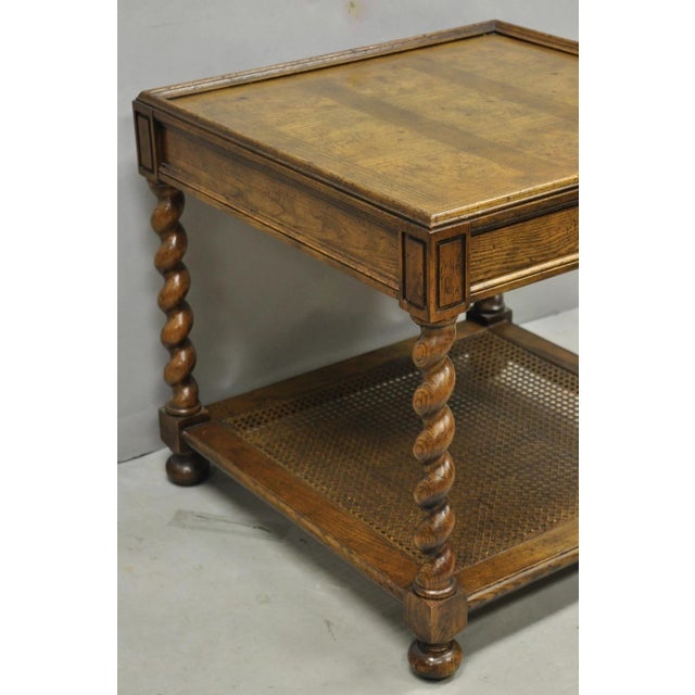 Vintage Baker Barley Twist Oak & Burlwood Parquetry Inlay Square Lamp Side Table For Sale - Image 11 of 14