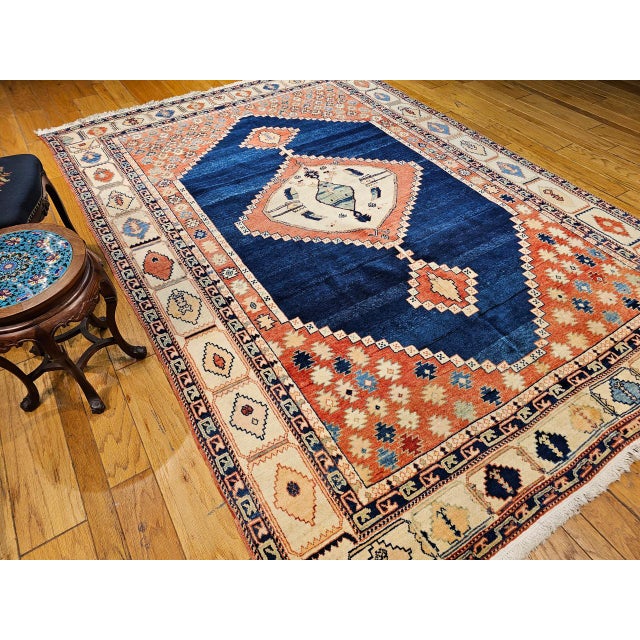 1900 - 1909 Vintage Turkish Azeri Rug, Hand-Knotted Handspun Wool, Geometric Serapi Pattern, Vegetable Dyes, Navy & Red, 8x11 For Sale - Image 5 of 15