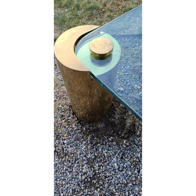 1970s Mid-Century Karl Springer Floating Glass Table on Two Brass Legs For Sale - Image 9 of 12