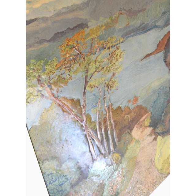 Title: The street The subject depicted in this painting is street surrounded by greenery where there is a distribution of...