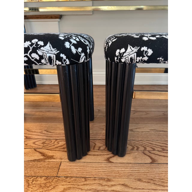 Late 20th Century Post Modern Black Lacquer and Brass Console Table With Chinoiserie Upholstered Nesting Stools For Sale - Image 4 of 7