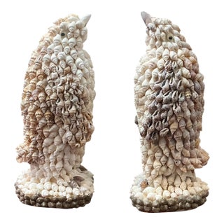 1980s Victorian Style Penguin Bird Form Shell Art Bookends / Figurines - Pair For Sale