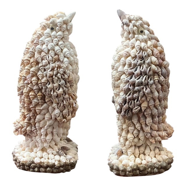 1980s Victorian Style Penguin Bird Form Shell Art Bookends / Figurines - Pair For Sale