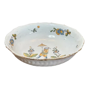 Antique French Faience Serving Bowl With Chinoiserie Figure