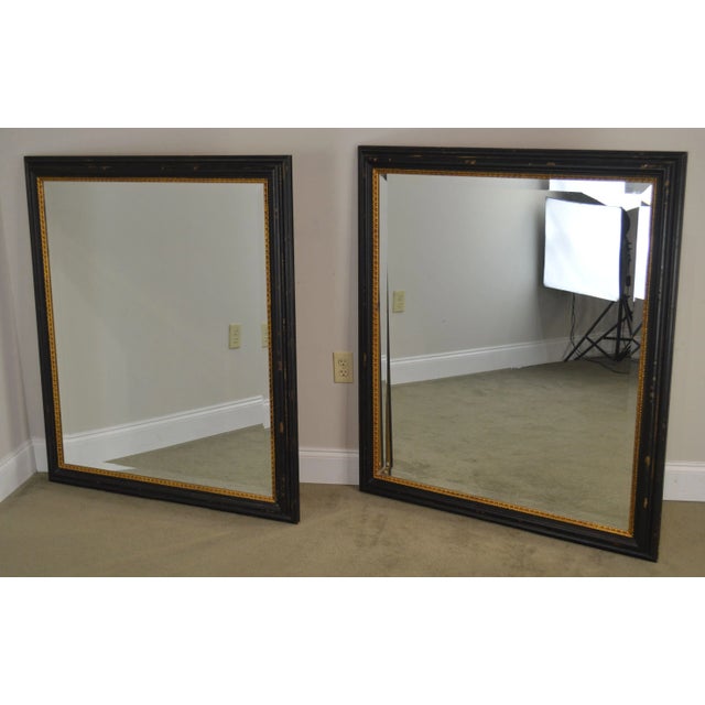 Traditional Regency Style Distressed Black & Gold Frame Rectangular Beveled Mirrors - a Pair For Sale - Image 3 of 13