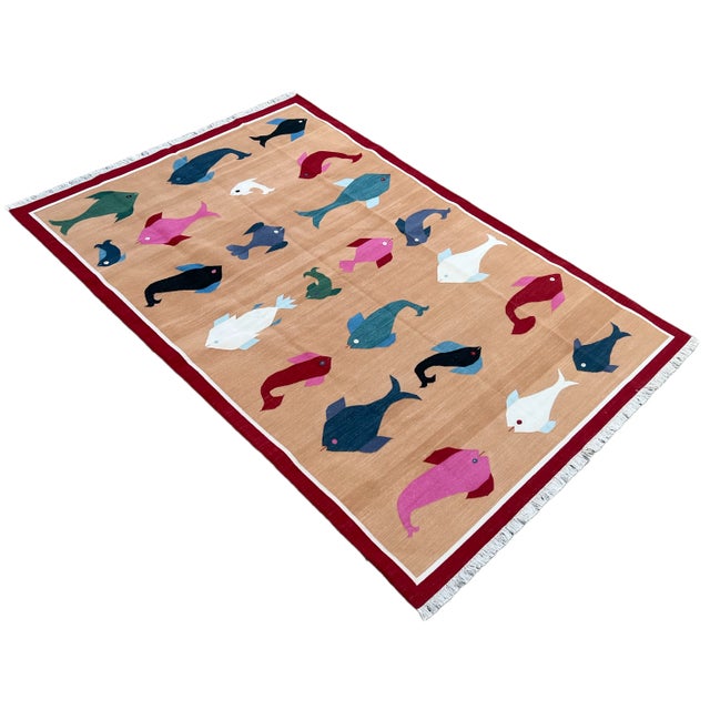 Not Yet Made - Made To Order Handmade Cotton Natural Vegetable Dyed Rug Tan and Red Fish Pattern Dhurrie - 6'x9' For Sale - Image 11 of 11