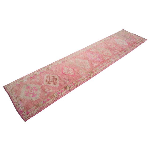 Pink Vintage Turkish Hand-Knotted Runner Rug Pink Hallway Kitchen Decor - 2′6″ × 11′5″ For Sale - Image 8 of 12