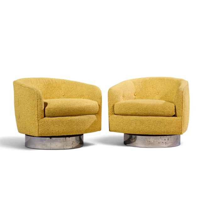 Milo Baughman for Thayer Coggin Roxy Mid Century Chrome Barrel Swivel Lounge Chairs - Pair Each chair measures: 29 wide x...
